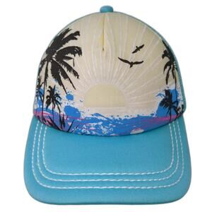 Del Sol Blue Trucker Hat One Size Beach Sunset Palm Tree Mesh Snapback Graphic